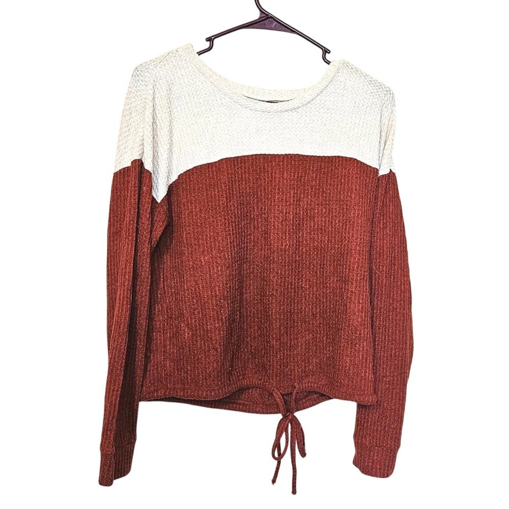 No Boundaries Size Medium M Tan Burnt Red Sweater NOBO Tie Top Waffle Knit
